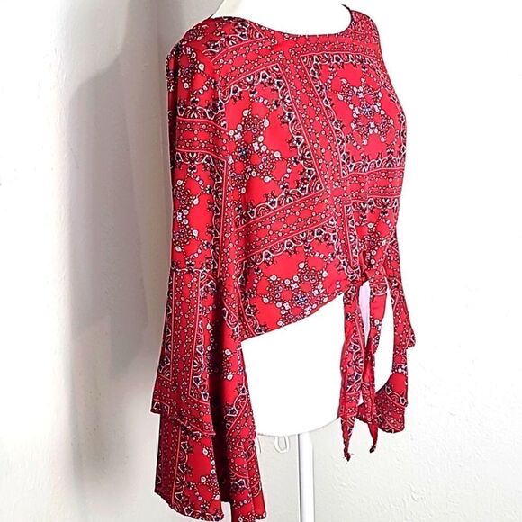 Altar'd State Red Printed Crop-top with Wide Layered Bell Sleeves, Size Medium - Picture 3 of 9